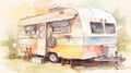 Spring tones watercolor vintage camper travel trailer generative ai