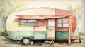 Spring tones watercolor vintage camper travel trailer generative ai