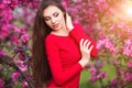 Spring touch. Happy beautiful young woman in red dress enjoy fresh pink flowers and sun light in blossom park at sunset. Royalty Free Stock Photo