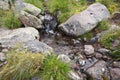 Spring with transparent water among stones, grass