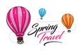 Spring travel on balloons colourful illustration with typography