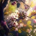 Spring Tree Flowers, Cherry Blossom, Blooming Sakura Drawing Imitation, Abstract Generative AI Illustration Royalty Free Stock Photo