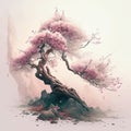 Spring tree nature illustration, blossom Japanese sakura, wooden trunk, pink crown. Summer season park cartoon floral
