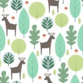 Spring trees and deer seamless pattern on white background. Royalty Free Stock Photo