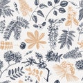 Spring trees in flowers seamless pattern. Hand drawn blooming plant background. Vintage flower, leaf, branch, tree sketches Royalty Free Stock Photo