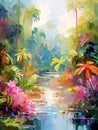 Spring tropical forest. Oil painting in impressionism style