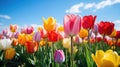 Spring tulip field with various type and color