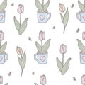 Spring Tulip Flower Seamless Pattern. Repeating Plants in Cup on White Background with Bees. Pastel Botanical Square Template Royalty Free Stock Photo