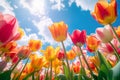 Spring tulips against blue sky at sunny day Royalty Free Stock Photo