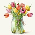 Spring Tulips Flowers Bouquet in Mason Jar Watercolor, Illustration, clipart, Isolated on White Background - Generative AI Royalty Free Stock Photo