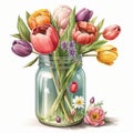 Spring Tulips Flowers Bouquet in Mason Jar Watercolor, Illustration, clipart, Isolated on White Background - Generative AI Royalty Free Stock Photo