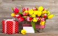 Spring Tulips In Wooden Basket, Red Polka-dot Gift Box