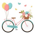 Spring turquoise bicycle with flowers in basket, butterflies, and balloons for cards, prints