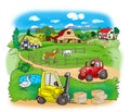 Spring -two cars - a tractor and a loading combine on a farm in the mountains, illustration for children