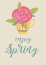 Spring typograhy quote Enjoy Spring card template decorated pink blooming rose in cup