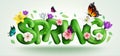 Spring typography vector concept design. Spring 3d text in green realistic patterns with leaves, flowers and butterflies nature. Royalty Free Stock Photo