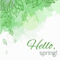 Spring vector card with doodle leaves and green blobs