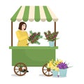 Spring vector illustration of a counter with flowers and sellers holding a bouquet Royalty Free Stock Photo