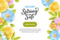 Spring vector white background with paper cut leaves and flowers. Sale banner, flyer or poster design template Royalty Free Stock Photo