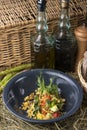 Spring vegan salad with lentils, tomatoes, micro greens