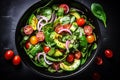 Spring vegan salad with spinach, cherry tomatoes, corn salad, baby spinach, cucumber and red onion. Healthy food concept.Top view