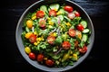 Spring vegan salad with spinach, cherry tomatoes, corn salad, baby spinach, cucumber and red onion. Healthy food concept.Top view