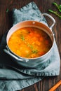 Spring vegetable soup with chicken stock in a pot Royalty Free Stock Photo