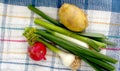 spring vegetables, fresh, potato,garlic,onion, and radish , Royalty Free Stock Photo