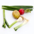 spring vegetables, fresh, potato,garlic,onion, and radish , Royalty Free Stock Photo