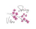 Spring Vibes card, sakura flowers, spring mood, bright colors on a white background.