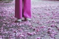 Spring vibes: Girls feet stand on the ground surrounding by cherry blossom, sakura petals. Stylish girls feet wearing Royalty Free Stock Photo