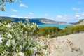 Spring view of the blue lake Yesa Royalty Free Stock Photo