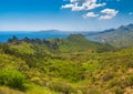 Spring view from Karadag volcanic mountain range to Meganom cape on a Black Sea shore