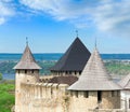 Spring view of Khotyn Fortress on Dnister riverside, Chernivtsi Oblast, Ukraine. Construction was started in 1325, while major Royalty Free Stock Photo