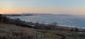 Spring view of the Volga river bank and Zhiguli mountains at sunrise. Royalty Free Stock Photo