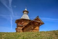 Spring view of the wooden Travel Tower of the Nikolo-Korelsky Monastery in the Kolomenskoye Museum