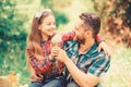 Spring village country. daughter and father love dandelion flower. little girl and happy man dad. earth day. ecology