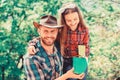 Spring village country. father and daughter on ranch. little girl and happy man dad. earth day. new life. ecology Royalty Free Stock Photo