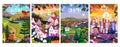 Spring village. Country town landscape. Forest farm. City house posters with rural or countryside buildings. Nature