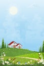 Spring village with a farmhouse and bright light on the sunny day,Vector Summertime landscape of farm field, hill, blue sky with Royalty Free Stock Photo