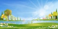 Spring village with green field by the lake, blue sky and clouds,Backdrop Rural nature landscape in springtime with grass land, Royalty Free Stock Photo