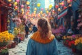 Spring walk of a girl in a denim jacket on the eve of Easter, city streets come alive with flowers and colored balls