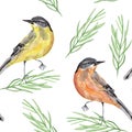 Spring watercolor bird flovers pattern