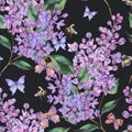 Spring watercolor blooming lilacs flowers seamless pattern, bees and butterfly