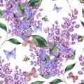 Spring watercolor blooming lilacs flowers seamless pattern, bees and butterfly Royalty Free Stock Photo