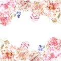 Spring watercolor floral border with delicate pink flowers in shabby chic vintage style, on white background with space for text. Royalty Free Stock Photo