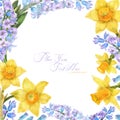 Spring watercolor frame with daffodil and hyacinth flowers