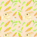 Spring watercolor hand-drawn seamless pattern on a pink background daisies, a rabbit, carrots and leaves