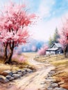 Spring watercolor landscape depicting trees and a stream