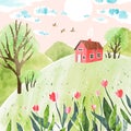 Spring watercolor romantic hand drawn vector illustration with house, hills and flowers in green and pink colors. Cute design for